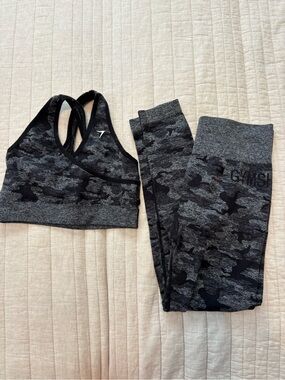 Gymshark Black & Gray Camo Seamless Sports Bra and Leggings Set